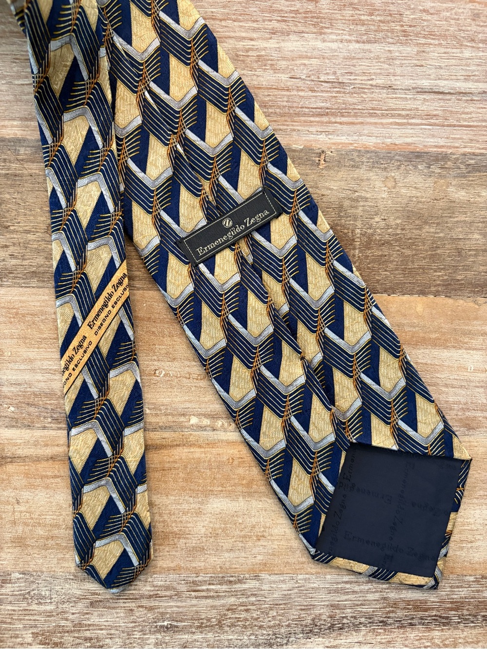 Ermenegildo Zegna 100% Silk "Disegno Esclusivo" Geometric Tie Navy Gold Italy